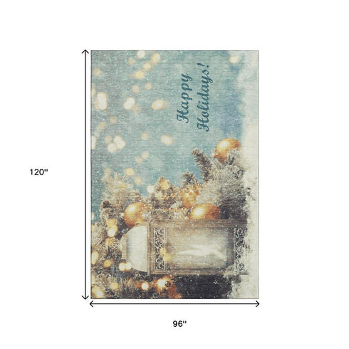 9' X 12' Blue Gold And Ivory Christmas Distressed Washable Area Rug With UV Protection