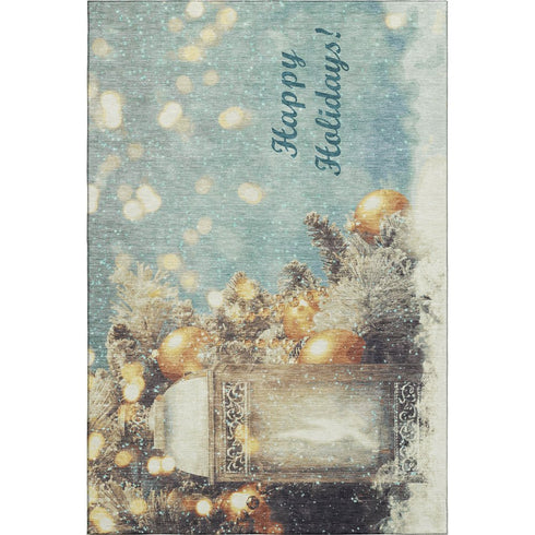 9' X 12' Blue Gold And Ivory Christmas Distressed Washable Area Rug With UV Protection