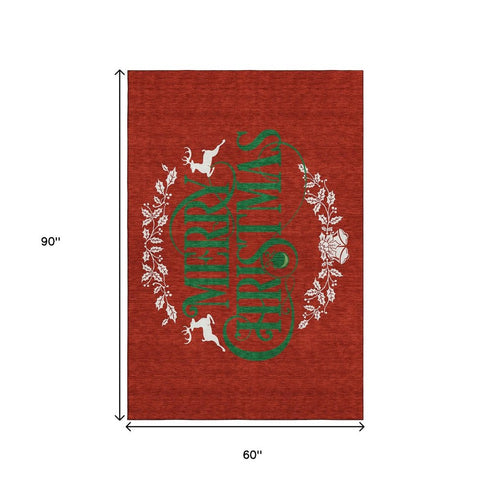 9' X 12' Ruby Red Green And Ivory Christmas Distressed Washable Area Rug With UV Protection