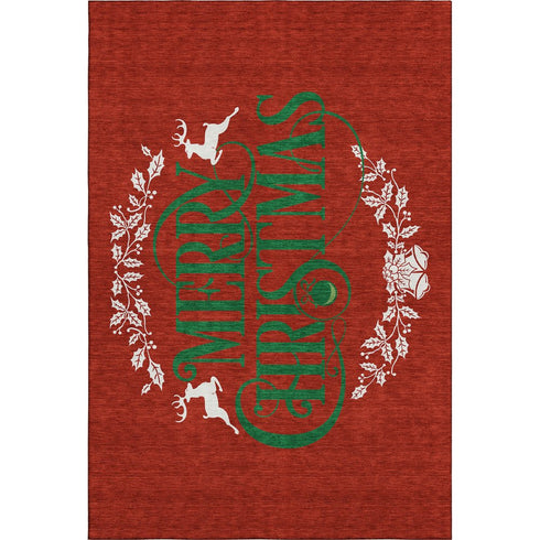 9' X 12' Ruby Red Green And Ivory Christmas Distressed Washable Area Rug With UV Protection