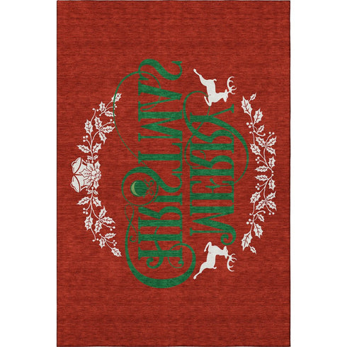9' X 12' Ruby Red Green And Ivory Christmas Distressed Washable Area Rug With UV Protection