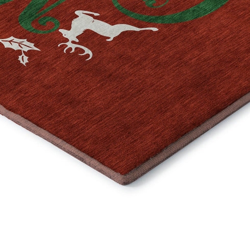 9' X 12' Ruby Red Green And Ivory Christmas Distressed Washable Area Rug With UV Protection