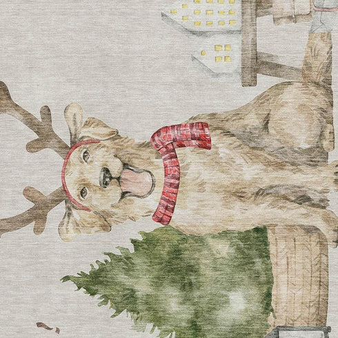 9' X 12' Taupe Green And Gray Christmas Dogs Distressed Washable Area Rug With UV Protection