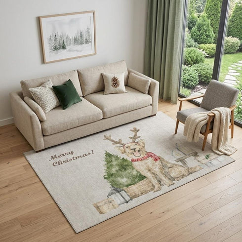 9' X 12' Taupe Green And Gray Christmas Dogs Distressed Washable Area Rug With UV Protection