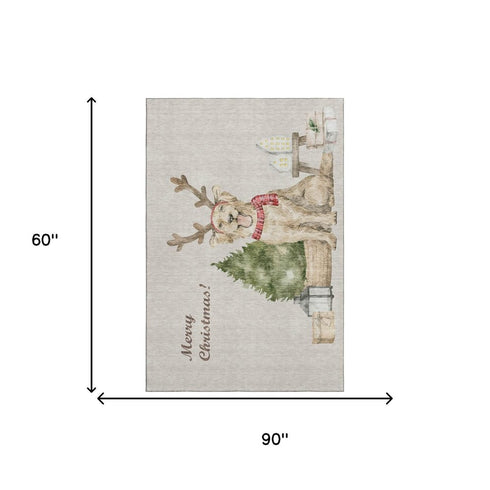 9' X 12' Taupe Green And Gray Christmas Dogs Distressed Washable Area Rug With UV Protection