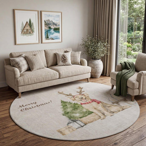 9' X 12' Taupe Green And Gray Christmas Dogs Distressed Washable Area Rug With UV Protection