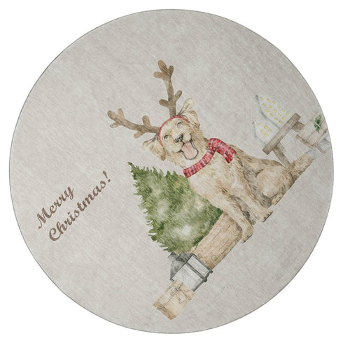 9' X 12' Taupe Green And Gray Christmas Dogs Distressed Washable Area Rug With UV Protection