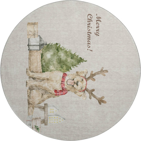 9' X 12' Taupe Green And Gray Christmas Dogs Distressed Washable Area Rug With UV Protection