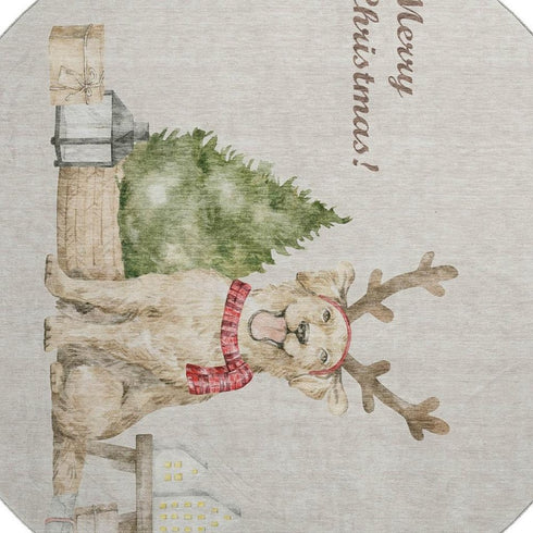 9' X 12' Taupe Green And Gray Christmas Dogs Distressed Washable Area Rug With UV Protection