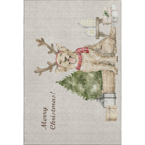 9' X 12' Taupe Green And Gray Christmas Dogs Distressed Washable Area Rug With UV Protection