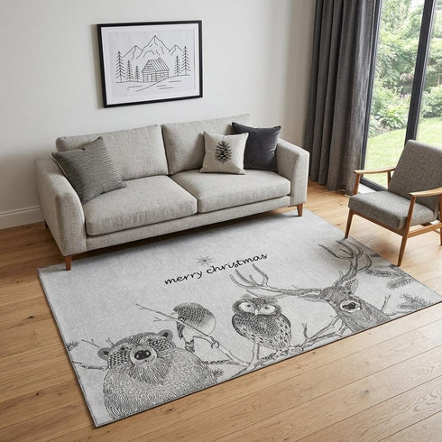 9' X 12' Gray And Black Christmas Woodland Lodge Washable Area Rug With UV Protection