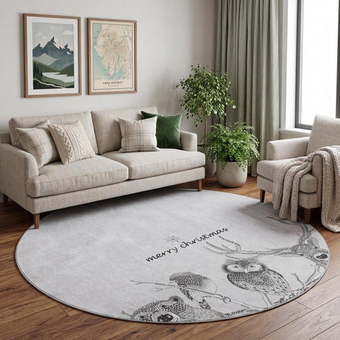 9' X 12' Gray And Black Christmas Woodland Lodge Washable Area Rug With UV Protection