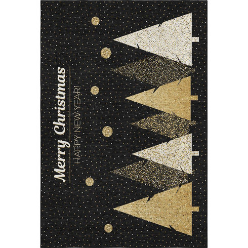 9' X 12' Black Gold And Ivory Christmas Tree Washable Area Rug With UV Protection