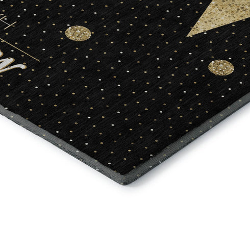 9' X 12' Black Gold And Ivory Christmas Tree Washable Area Rug With UV Protection