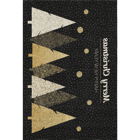 9' X 12' Black Gold And Ivory Christmas Tree Washable Area Rug With UV Protection
