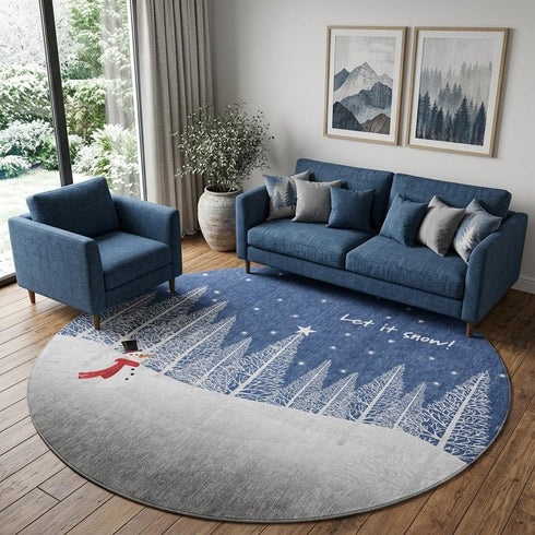9' X 12' Blue And White Winter Snowman Washable Area Rug With UV Protection