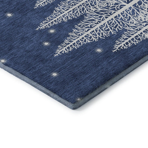 9' X 12' Blue And White Winter Snowman Washable Area Rug With UV Protection