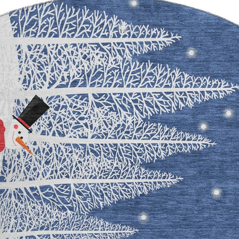 9' X 12' Blue And White Winter Snowman Washable Area Rug With UV Protection
