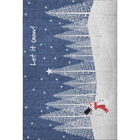 9' X 12' Blue And White Winter Snowman Washable Area Rug With UV Protection