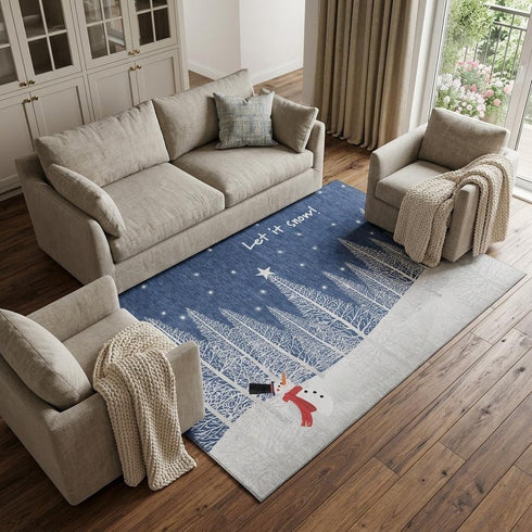9' X 12' Blue And White Winter Snowman Washable Area Rug With UV Protection