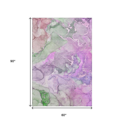 9' X 12' Purple And Green Abstract Washable Area Rug With UV Protection