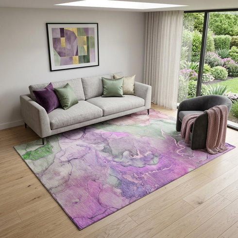 9' X 12' Purple And Green Abstract Washable Area Rug With UV Protection
