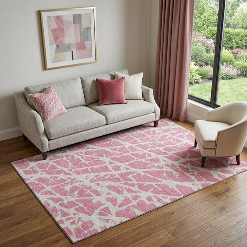 9' X 12' Pink And Ivory Abstract Washable Area Rug With UV Protection