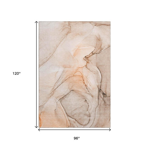 8' X 10' Orange And Ivory Abstract Washable Area Rug With UV Protection