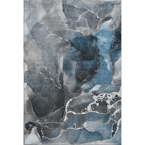 5' X 8' Blue And Charcoal Abstract Washable Area Rug With UV Protection