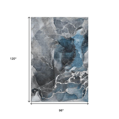 8' X 10' Blue And Charcoal Abstract Washable Area Rug With UV Protection