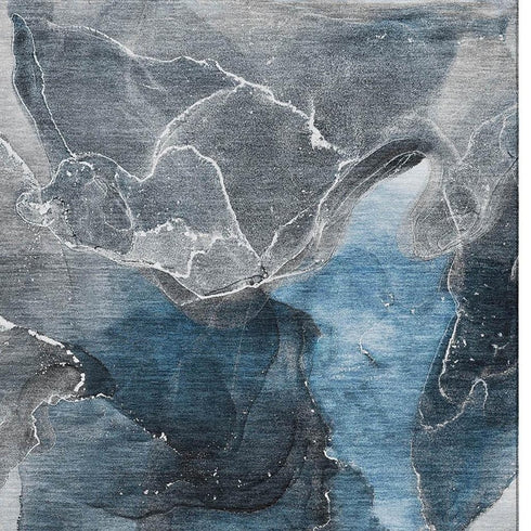 8' X 10' Blue And Charcoal Abstract Washable Area Rug With UV Protection