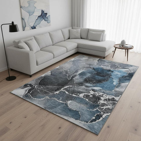 8' X 10' Blue And Charcoal Abstract Washable Area Rug With UV Protection