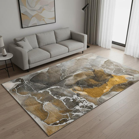 5' X 8' Brown And Ivory Abstract Washable Area Rug With UV Protection