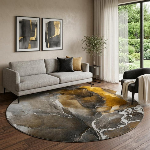 8' Brown And Ivory Abstract Washable Round Rug With UV Protection