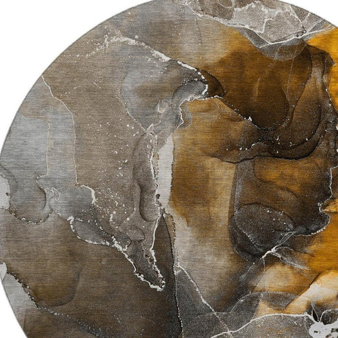 8' Brown And Ivory Abstract Washable Round Rug With UV Protection