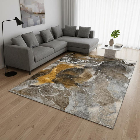 9' X 12' Brown And Ivory Abstract Washable Area Rug With UV Protection