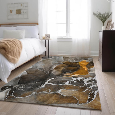 9' X 12' Brown And Ivory Abstract Washable Area Rug With UV Protection