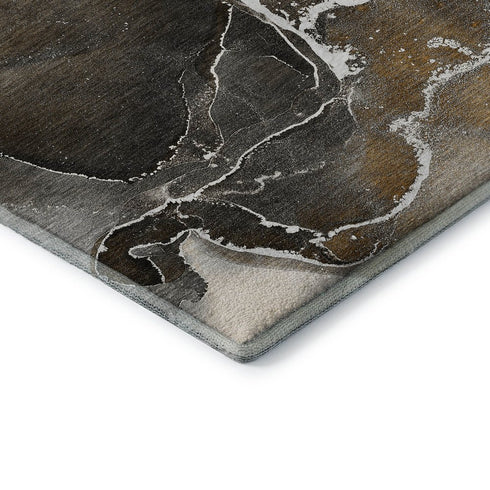 9' X 12' Brown And Ivory Abstract Washable Area Rug With UV Protection