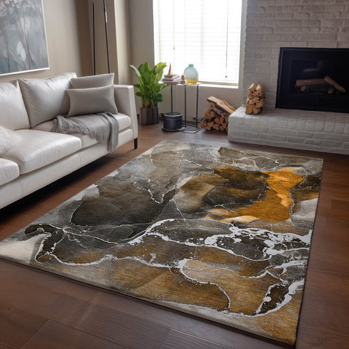 9' X 12' Brown And Ivory Abstract Washable Area Rug With UV Protection