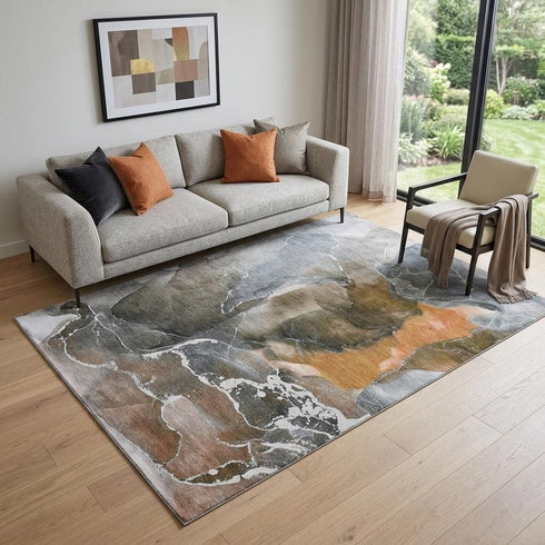 9' X 12' Orange And Charcoal Abstract Washable Area Rug With UV Protection