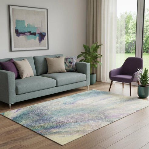 5' X 8' Blue Purple And Ivory Abstract Washable Area Rug With UV Protection