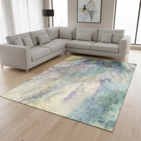8' X 10' Blue Purple And Ivory Abstract Washable Area Rug With UV Protection