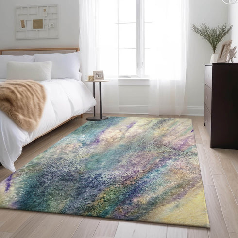 9' X 12' Blue Purple And Ivory Abstract Washable Area Rug With UV Protection