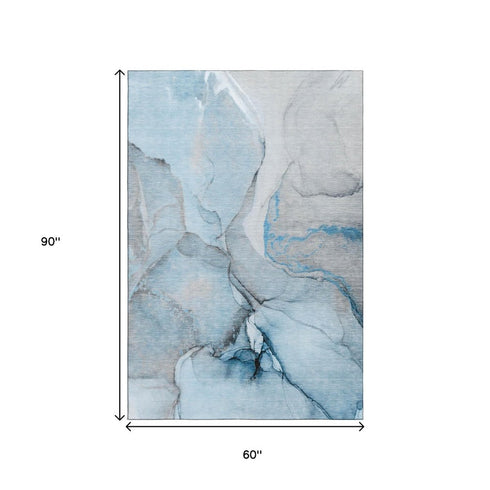 5' X 8' Blue Gray And Ivory Abstract Washable Area Rug With UV Protection
