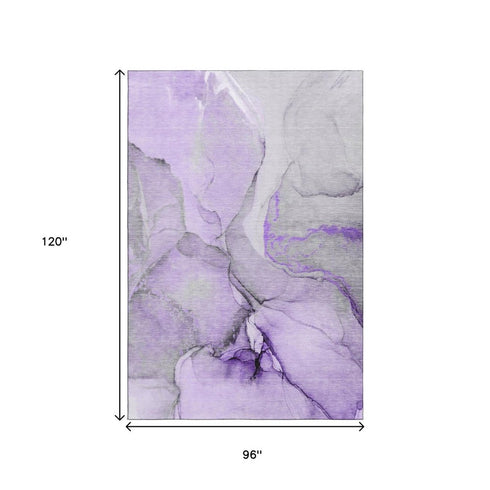 8' X 10' Purple Gray And Ivory Abstract Washable Area Rug With UV Protection
