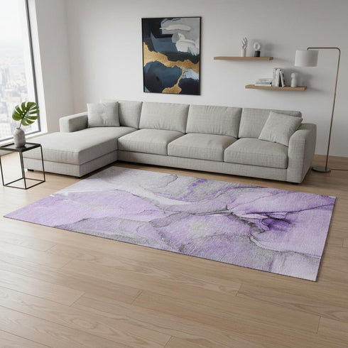 8' X 10' Purple Gray And Ivory Abstract Washable Area Rug With UV Protection