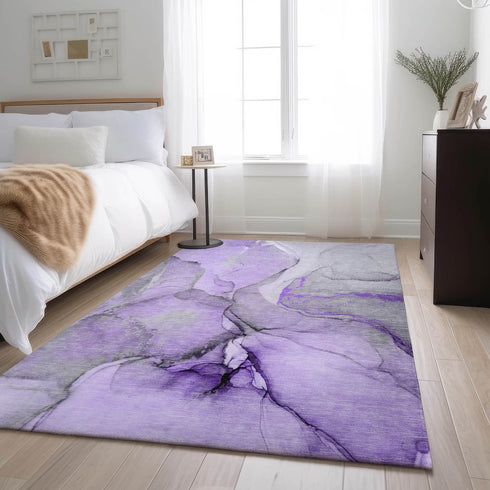 8' X 10' Purple Gray And Ivory Abstract Washable Area Rug With UV Protection