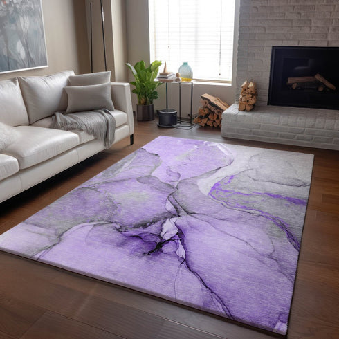 8' X 10' Purple Gray And Ivory Abstract Washable Area Rug With UV Protection