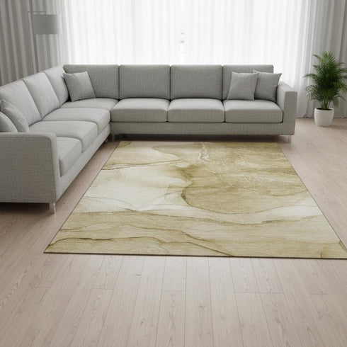 8' X 10' Beige And Ivory Abstract Washable Area Rug With UV Protection