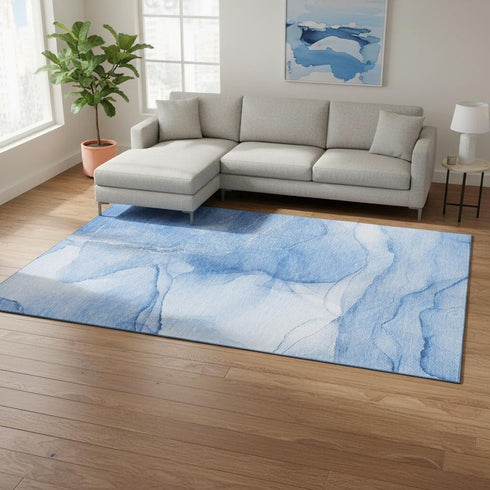 8' X 10' Blue And Ivory Abstract Washable Area Rug With UV Protection